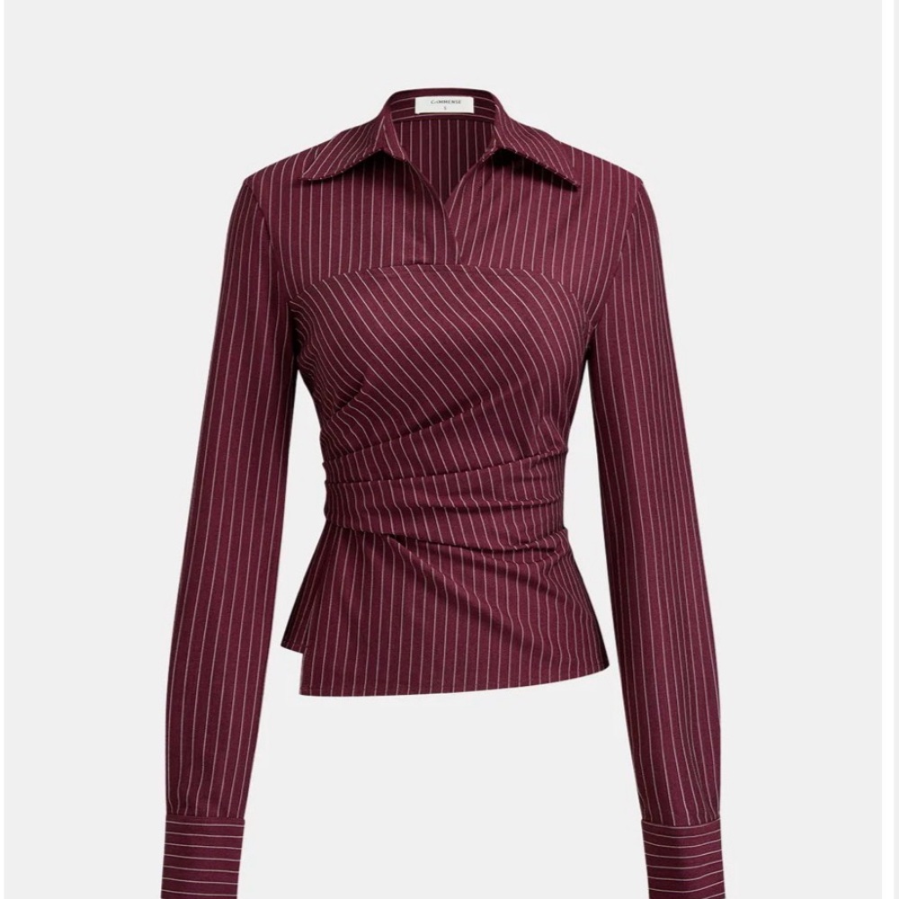 Commense Pinstripe Wrap-Detail Long Sleeve Top - Burgundy SOLD OUT
